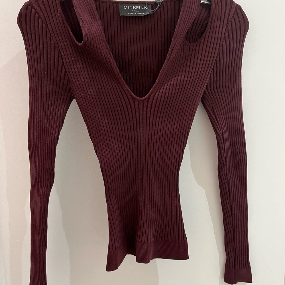 MINKPINK Deep Red Ribbed Knit Top